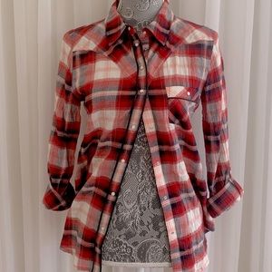 red and black plaid button up